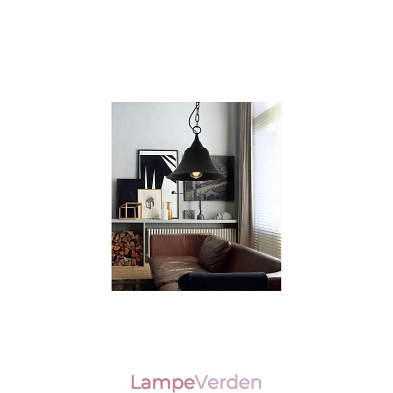 Medium vintage mat sort klokkeform metal pendellampe