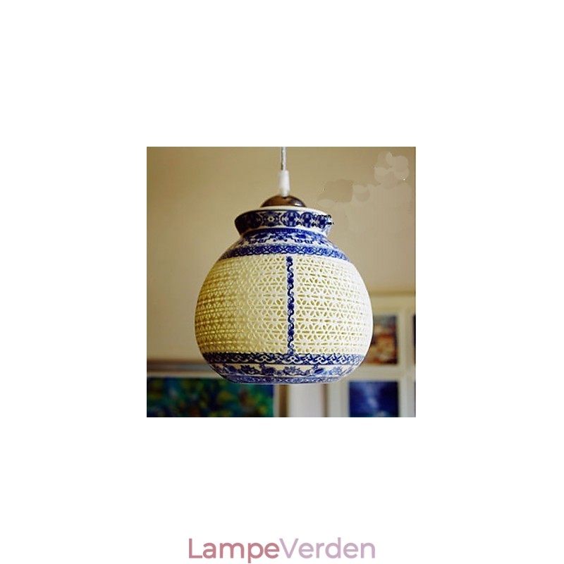 Retro Keramisk lampelampe Trapper Blå enkelthoved lysekrone Creative