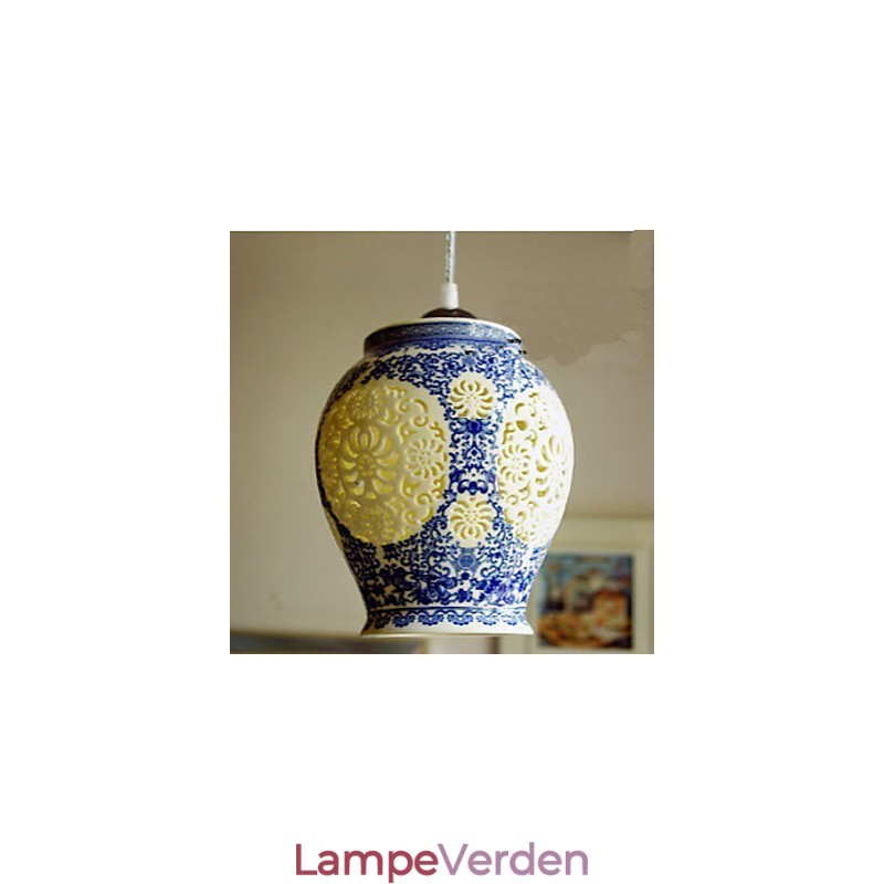 Retro Keramisk lampelampe Trapper Blå enkelthoved lysekrone Creative