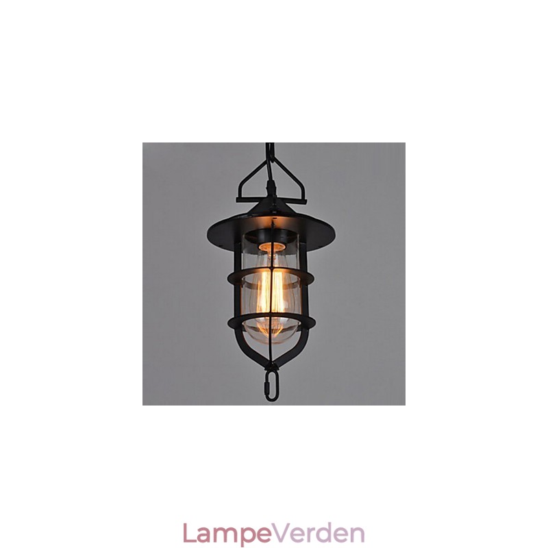 Medium Vintage sort burform Pendellampe af glas og metaldæksel