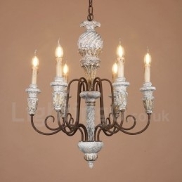 Country Vintage Wooden 6 Light Single Tier lysekrone til lys