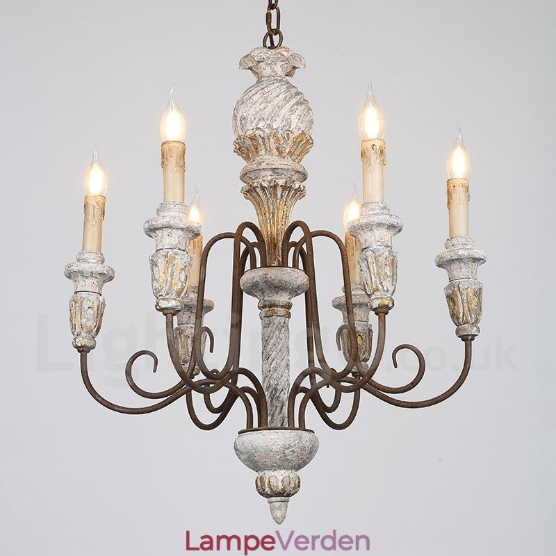 Country Vintage Wooden 6 Light Single Tier lysekrone til lys