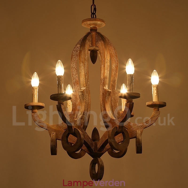 Country Wooden Vintage 6 Light Single Tier lysekrone Light Wood Lamp