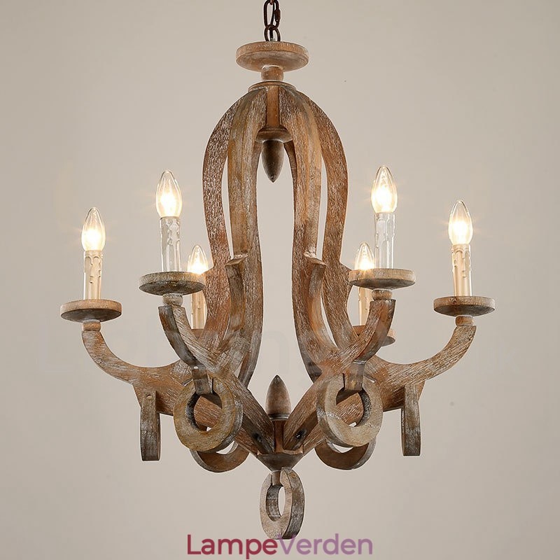 Country Wooden Vintage 6 Light Single Tier lysekrone Light Wood Lamp