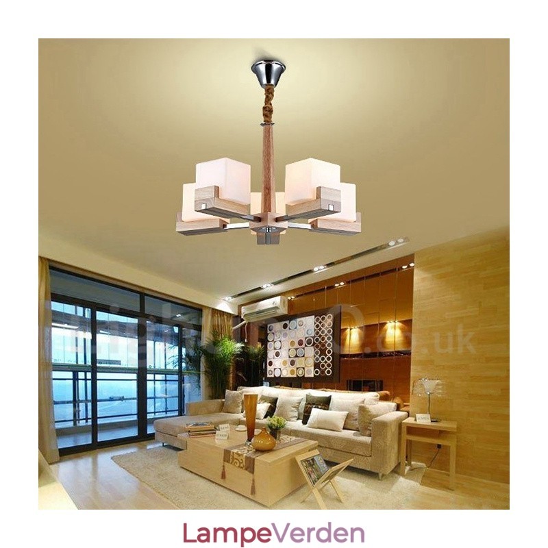 Træ moderne moderne 5 lys enkelt niveau lysekrone lampe