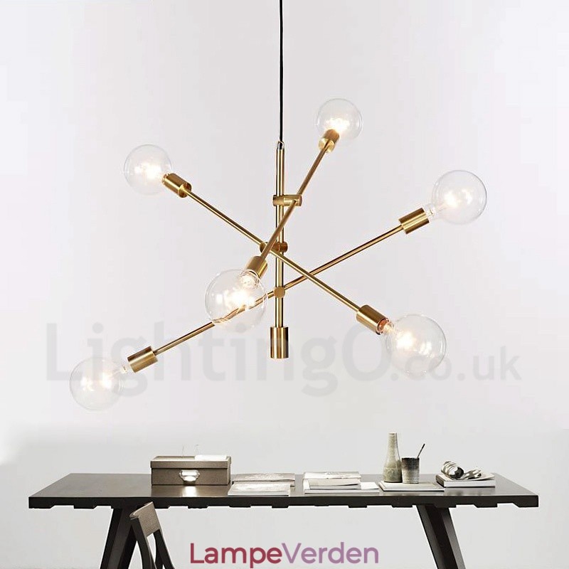 6 lys kobber lysekrone med glasskærmlampe