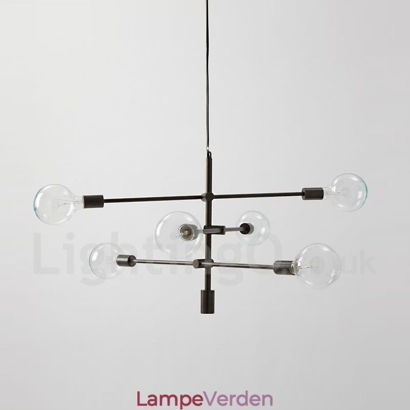 6 lys kobber lysekrone med glasskærmlampe