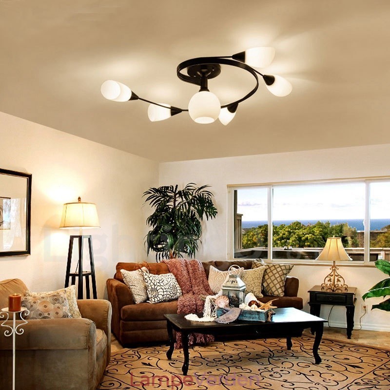 6 lys rustik hytte integreret lysekrone med glasskærm