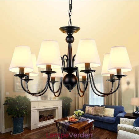 8 Light Rustic Lodge integreret metallysekrone med stofskærm 8 Light Rustic Lodge integreret metallysekrone med stofskærm