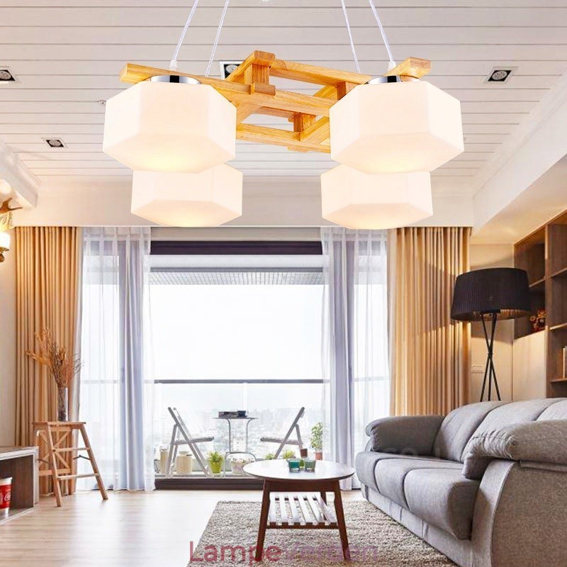 4 Lys træ Moderne Pendel i moderne nordisk stil med glasskærm