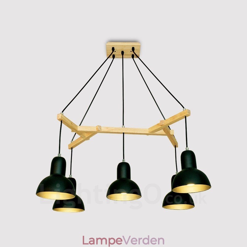 5 lys træ moderne moderne pendel med jernskærm