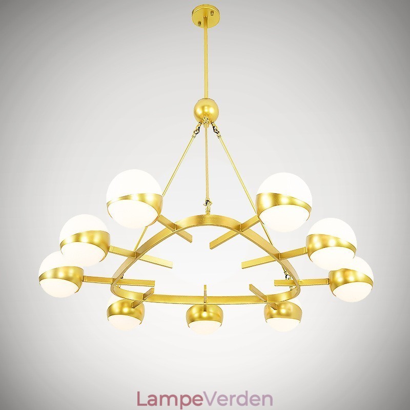 9 lyse moderne moderne nordiske loftslamper Kobberbelægning lysekrone med guld og hvid kugleglasskærm