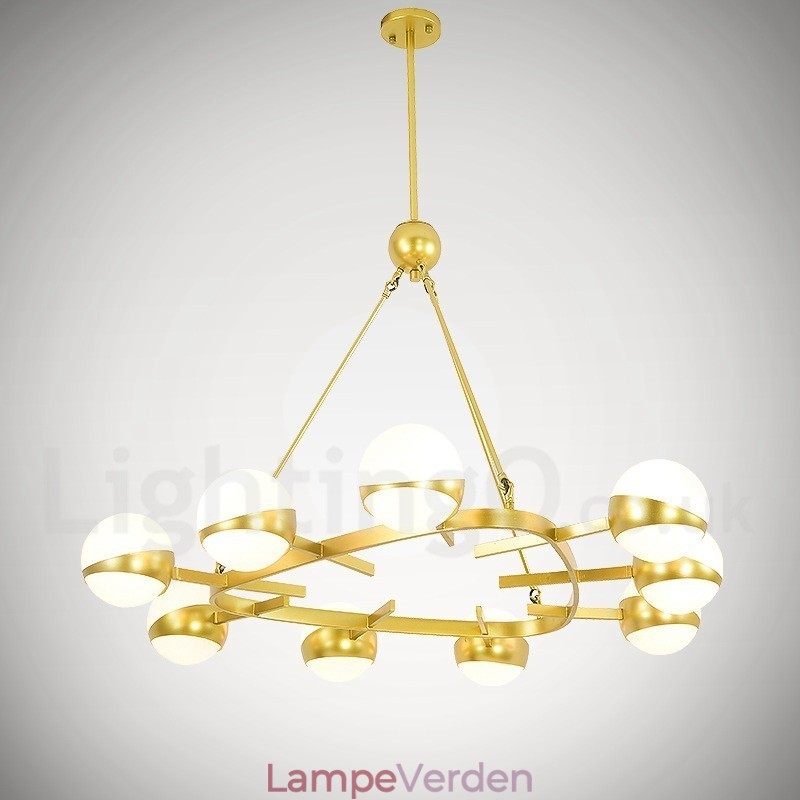 9 lyse moderne moderne nordiske loftslamper Kobberbelægning lysekrone med guld og hvid kugleglasskærm