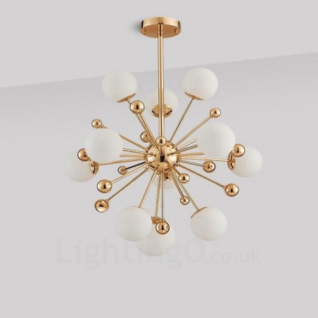 11 lyse moderne moderne loftslamper Kobberbelægning lysekrone med hvid kugleglasskærm 11 lyse moderne moderne loftslamper Kobberbelægning lysekrone med hvid kugleglasskærm