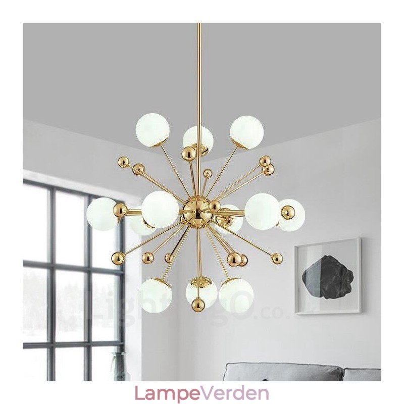 12 lyse moderne moderne loftslamper Kobberbelægning lysekrone med hvid kugleglasskærm
