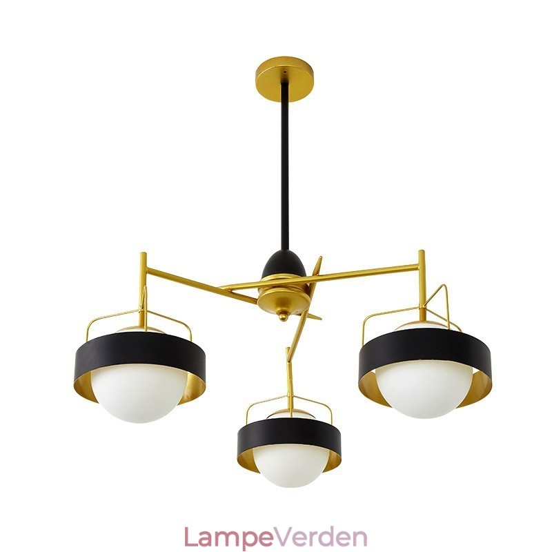 3 lyse moderne moderne loftslamper Kobberbelægning lysekrone med hvid og sort kugleglasskærm