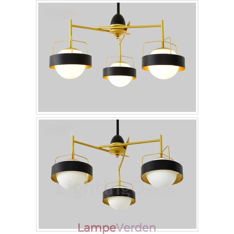 3 lyse moderne moderne loftslamper Kobberbelægning lysekrone med hvid og sort kugleglasskærm