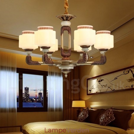 6 lys retro traditionel zinklegering Luksus Lobby lysekrone med glasskærm 6 lys retro traditionel zinklegering Luksus Lobby lysekrone med glasskærm