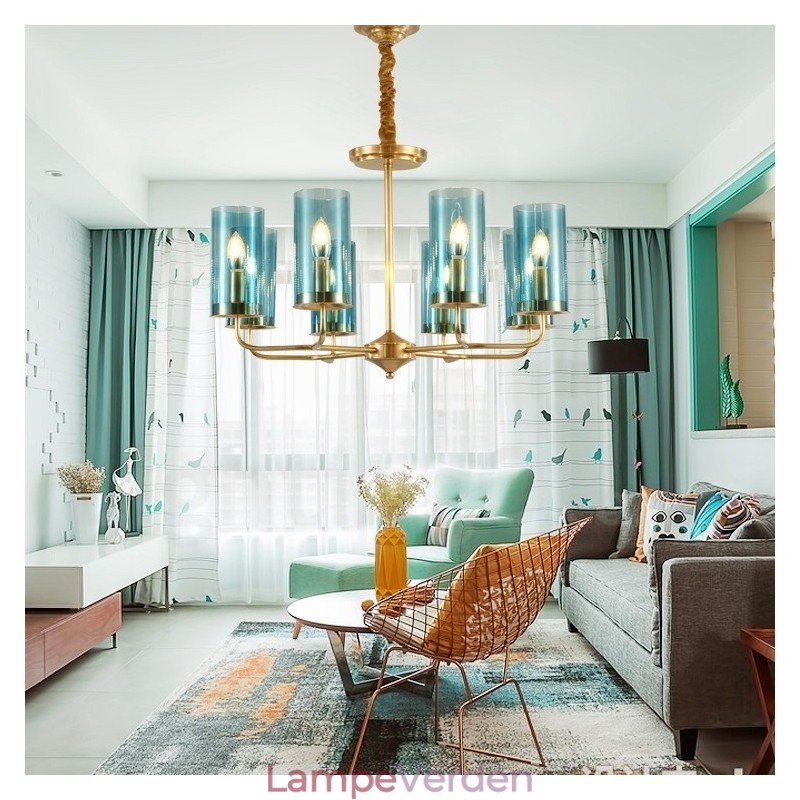 8 lys retro rustik luksus messing pendel lysekrone med glasskærm