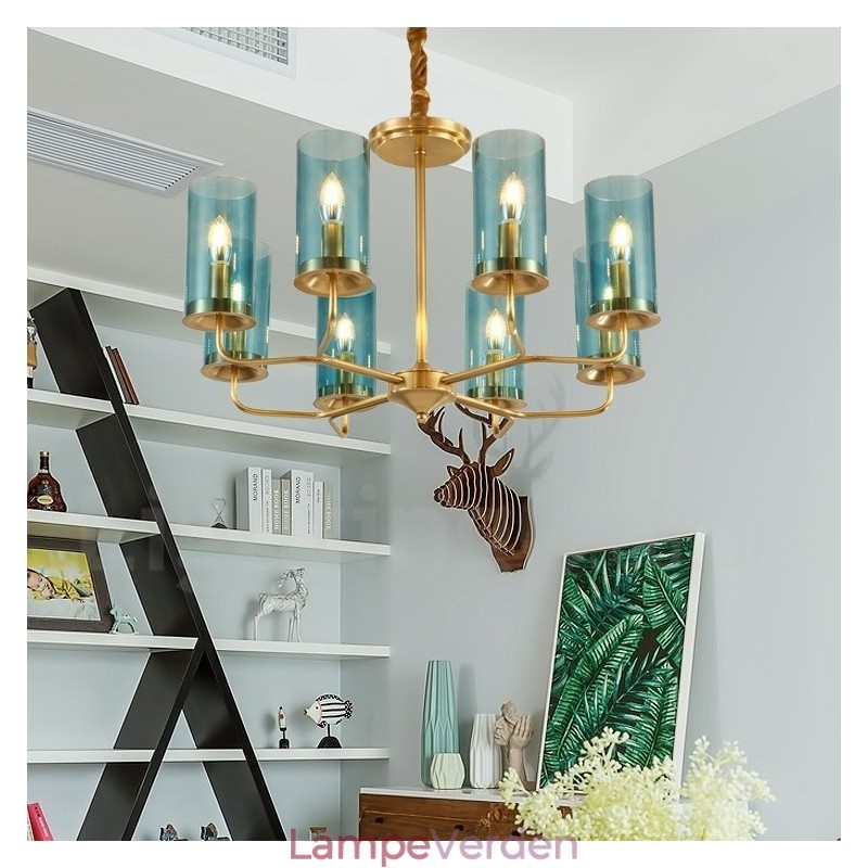 8 lys retro rustik luksus messing pendel lysekrone med glasskærm