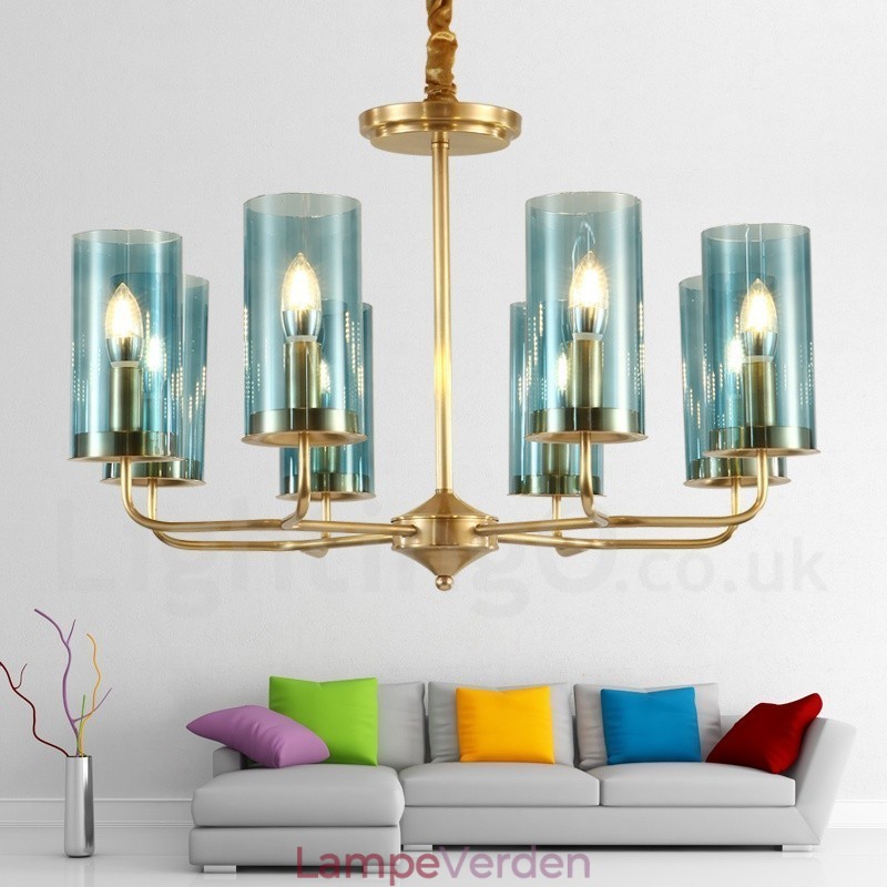 8 lys retro rustik luksus messing pendel lysekrone med glasskærm