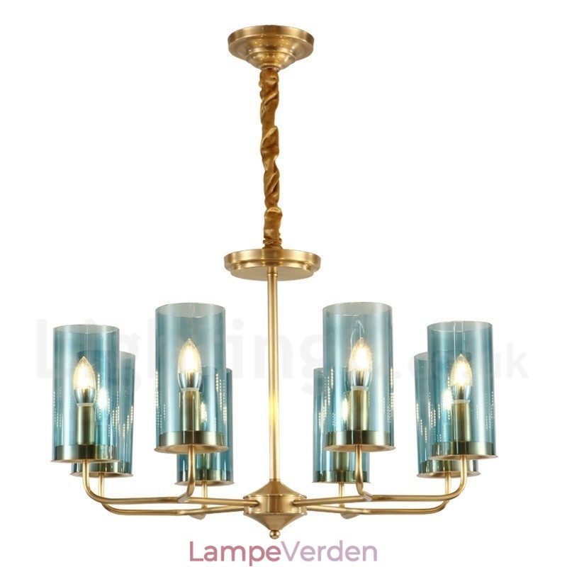 8 lys retro rustik luksus messing pendel lysekrone med glasskærm