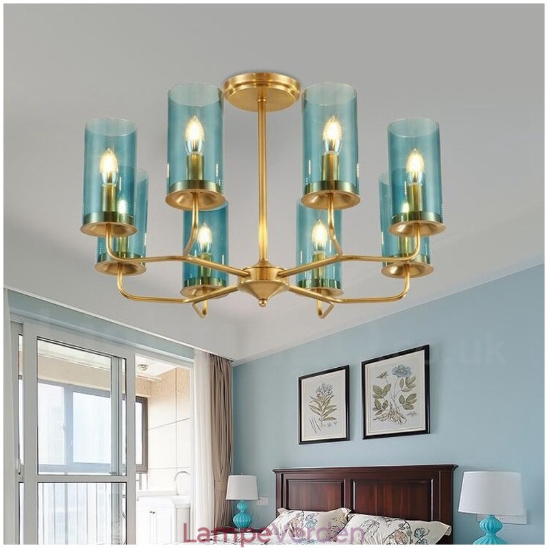 8 lys retro rustik luksus messing pendel lysekrone med glasskærm