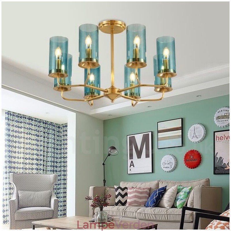 8 lys retro rustik luksus messing pendel lysekrone med glasskærm