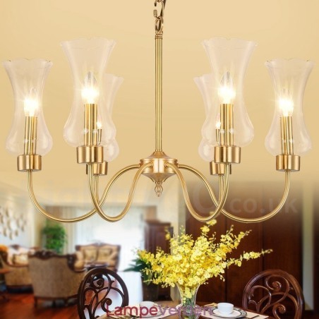 6 lys retro rustik luksus messing pendel lysekrone med glasskærm