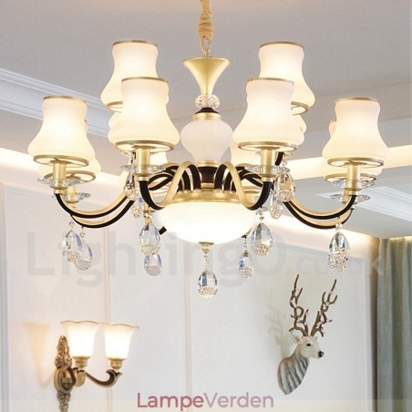 12 lys retro rustik luksus krystal pendel lysekrone med glasskærm 12 lys retro rustik luksus krystal pendel lysekrone med glasskærm