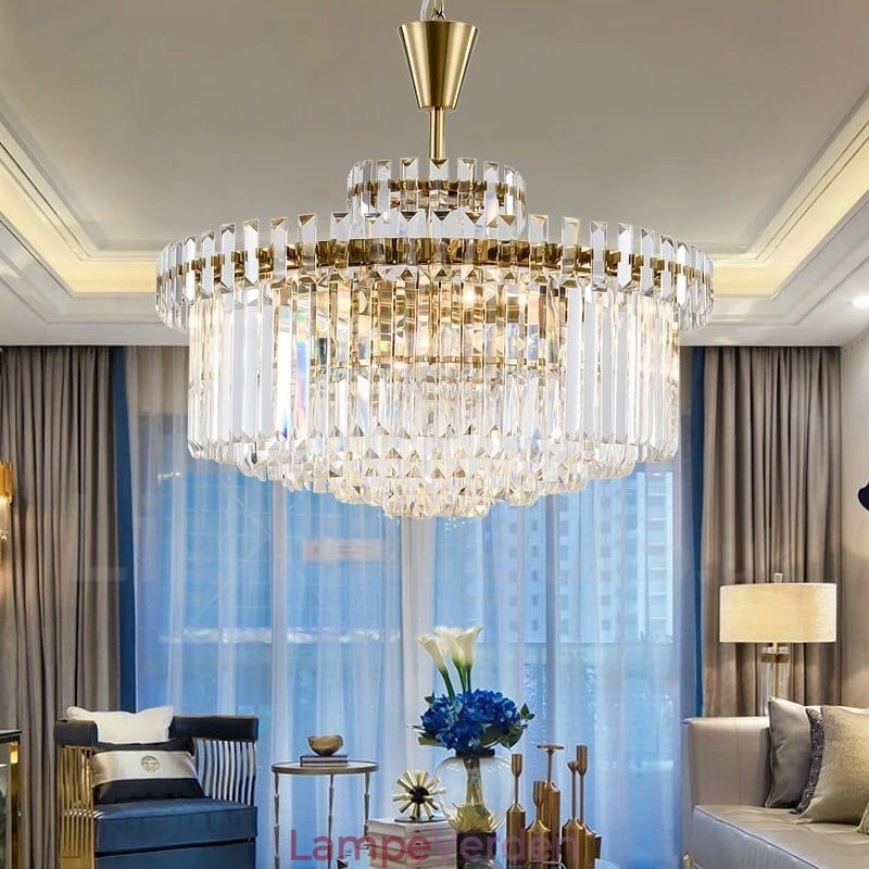 Moderne moderne 9 lyse stål pendellampe med krystalskærm