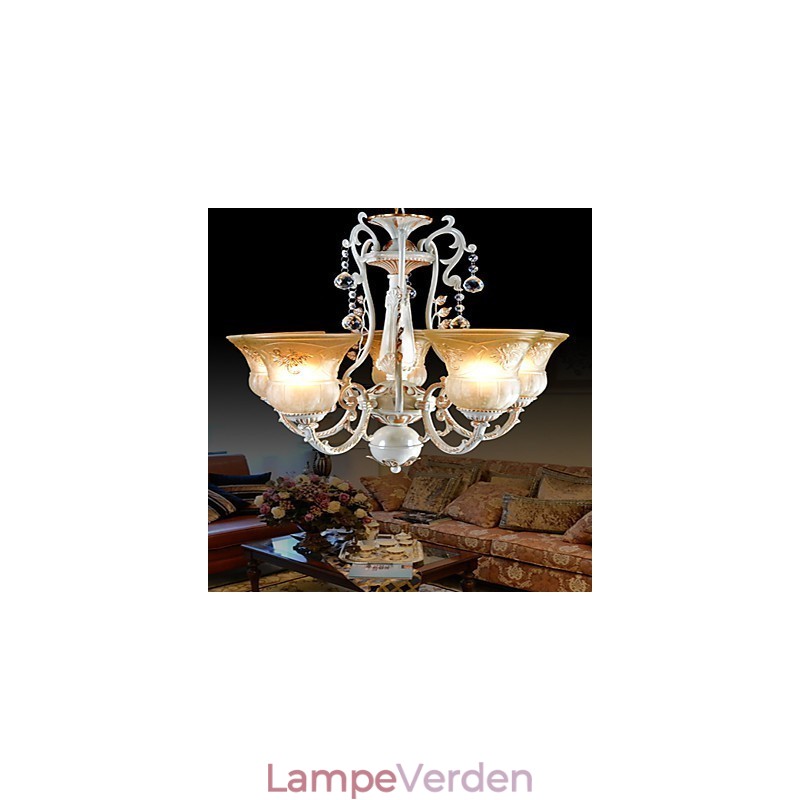 Hvid lysekrone fem lys mønster glasskærm håndforgyldt europæisk retro klassisk