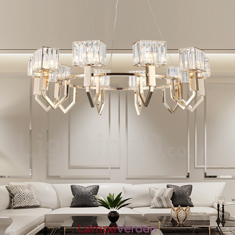 Moderne moderne 10 lys stål pendellampe med krystalskærm