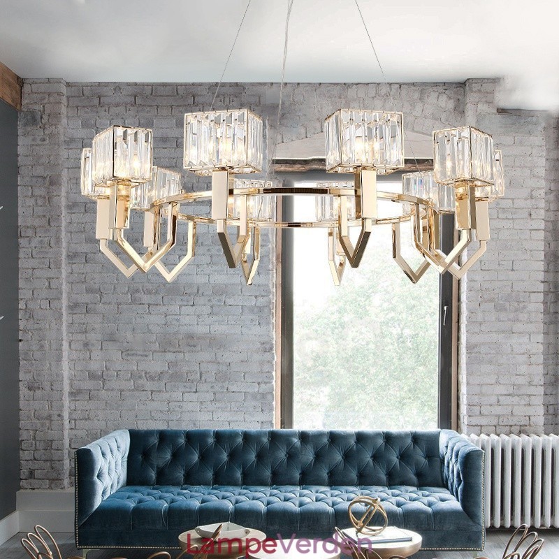 Moderne moderne 10 lys stål pendellampe med krystalskærm