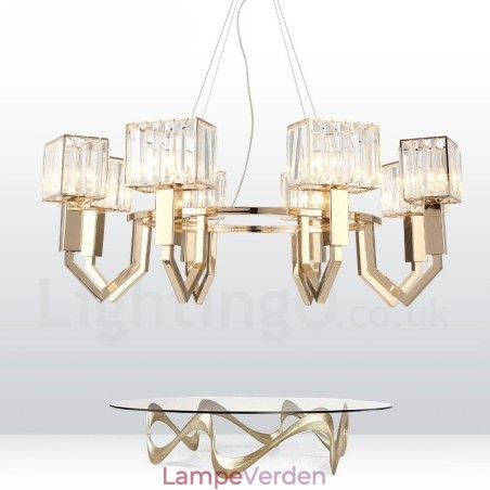 Moderne moderne 8 lys stål pendellampe med krystalskærm