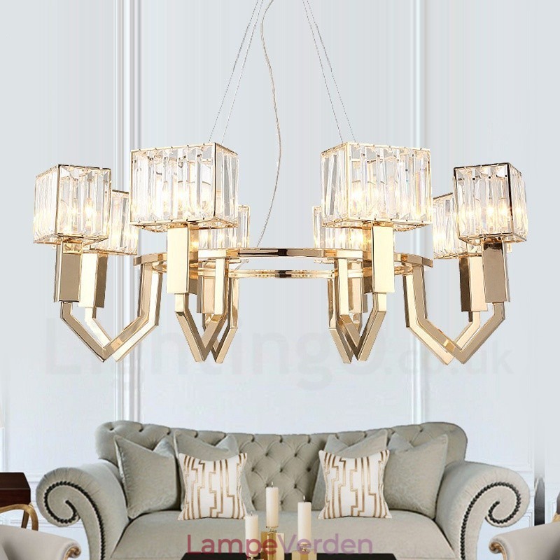 Moderne moderne 8 lys stål pendellampe med krystalskærm