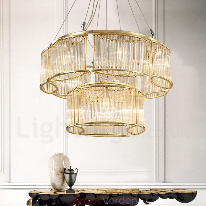 Moderne moderne 11 lys stål pendellampe med krystalglasskærm