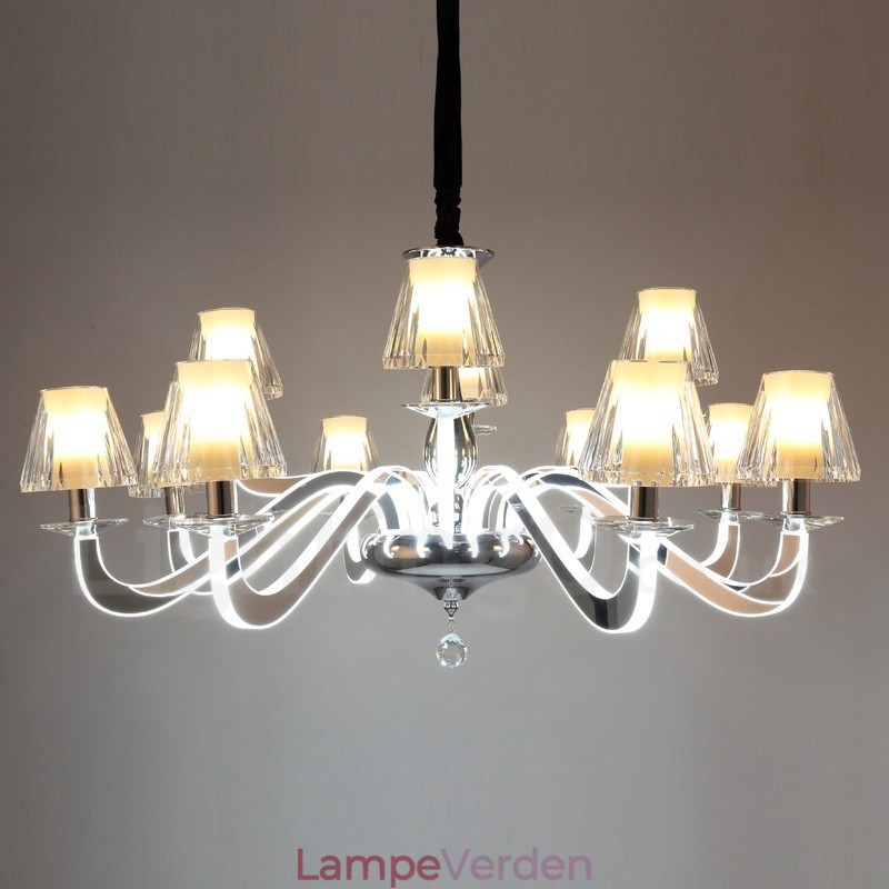 Dæmpbar moderne moderne 12 lys stållysekrone med glasskærm