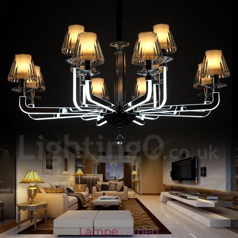 Dæmpbar moderne moderne 12 lys krystallysekrone med glasskærm