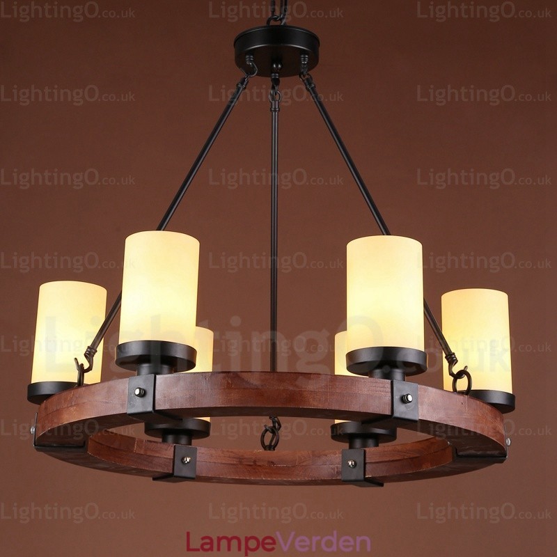 6 lys land rustik pendel med glasskærm