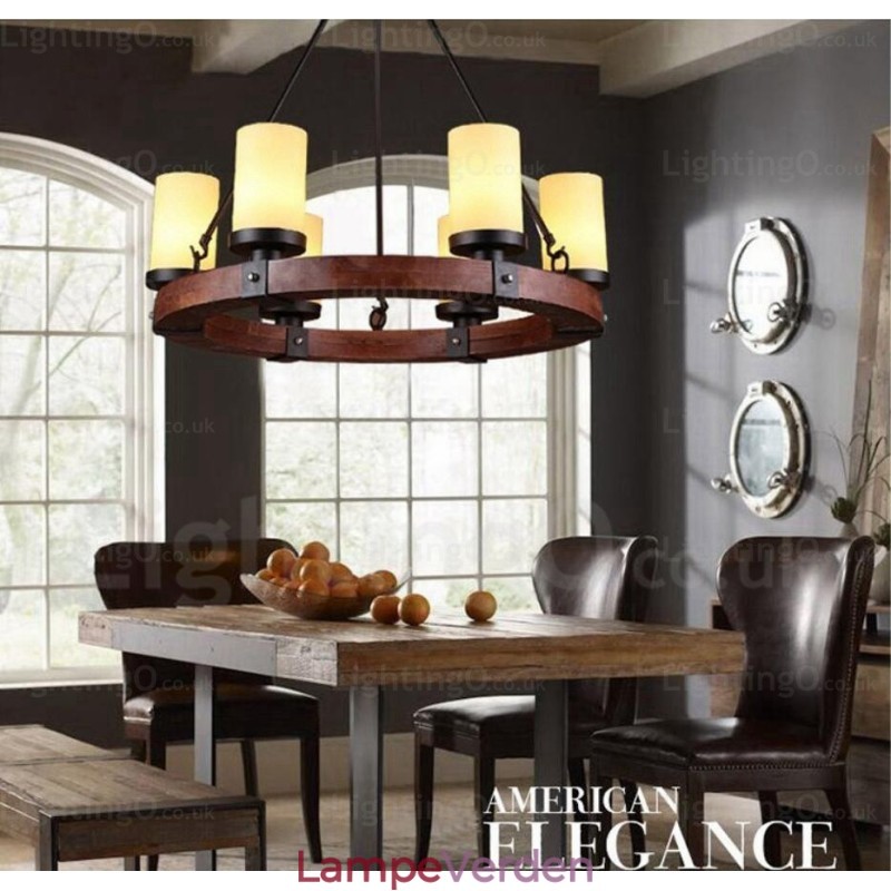 6 lys land rustik pendel med glasskærm