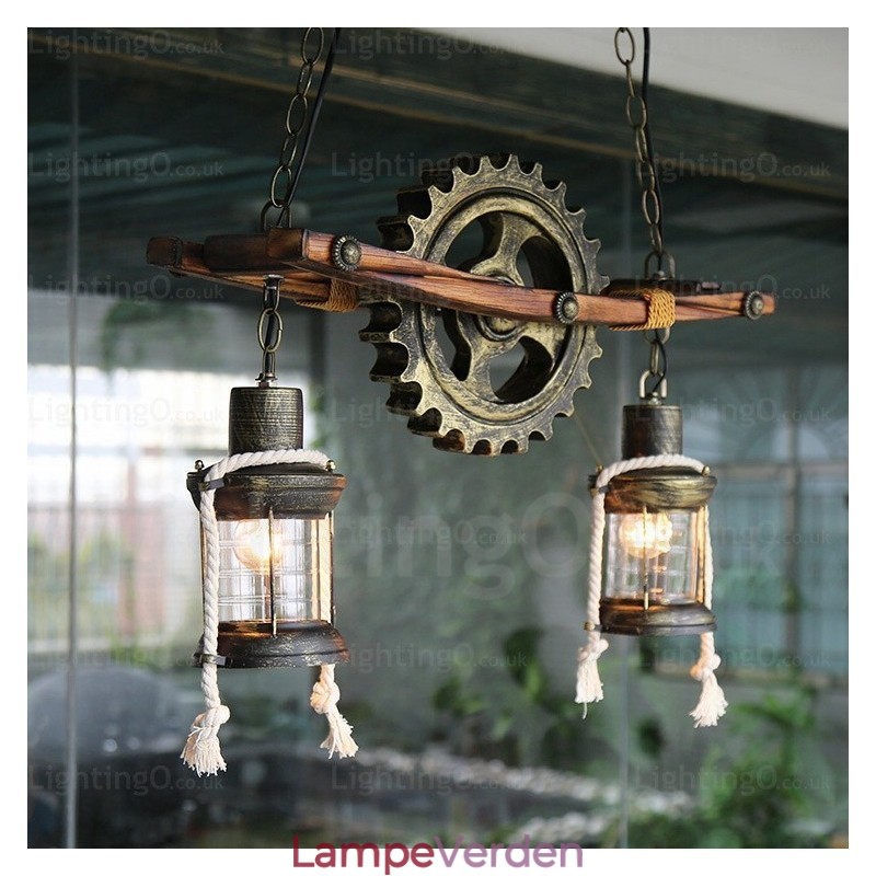 2 lys land rustik vintage retro pendel med glasskærm