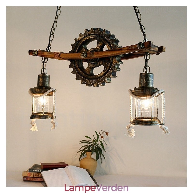 2 lys land rustik vintage retro pendel med glasskærm