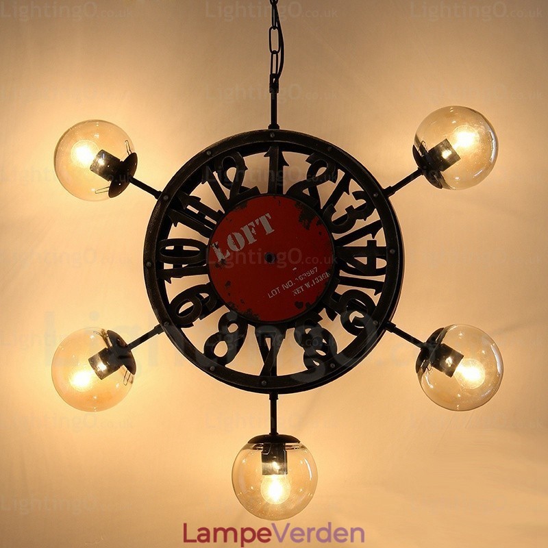 5 lys vintage retro pendel med glasskærm