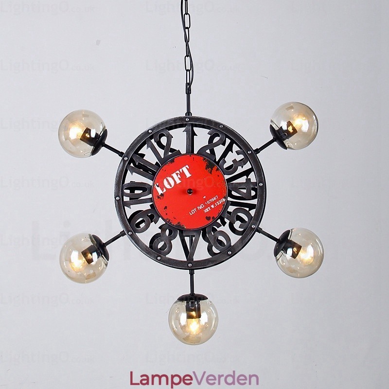 5 lys vintage retro pendel med glasskærm