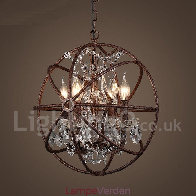 4 lys Diameter 40 cm Vintage Crystal Globe maleri Metal lysekrone Rusty farve pendel lys