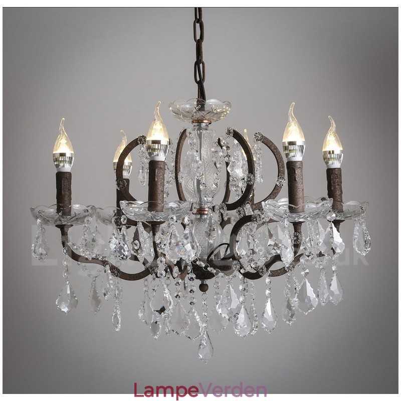 6 lys diameter 60 cm vintage krystal maleri metal lysekrone rusten jern farve pendel lys