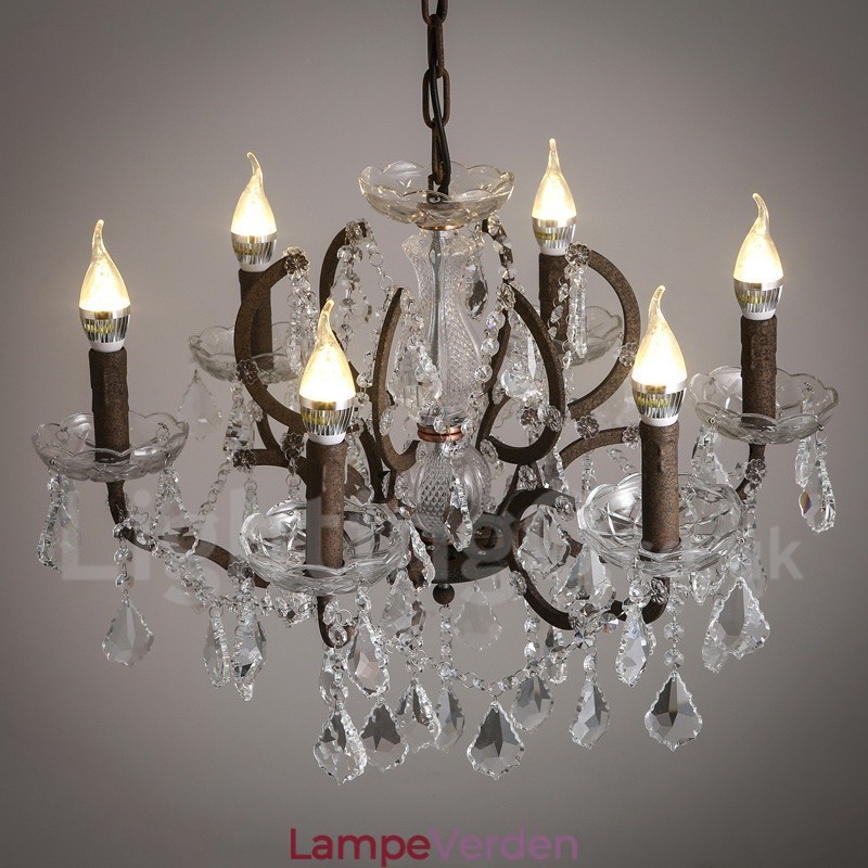6 lys diameter 60 cm vintage krystal maleri metal lysekrone rusten jern farve pendel lys
