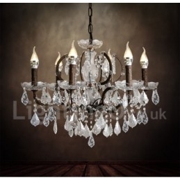 6 lys diameter 60 cm vintage krystal maleri metal lysekrone rusten jern farve pendel lys