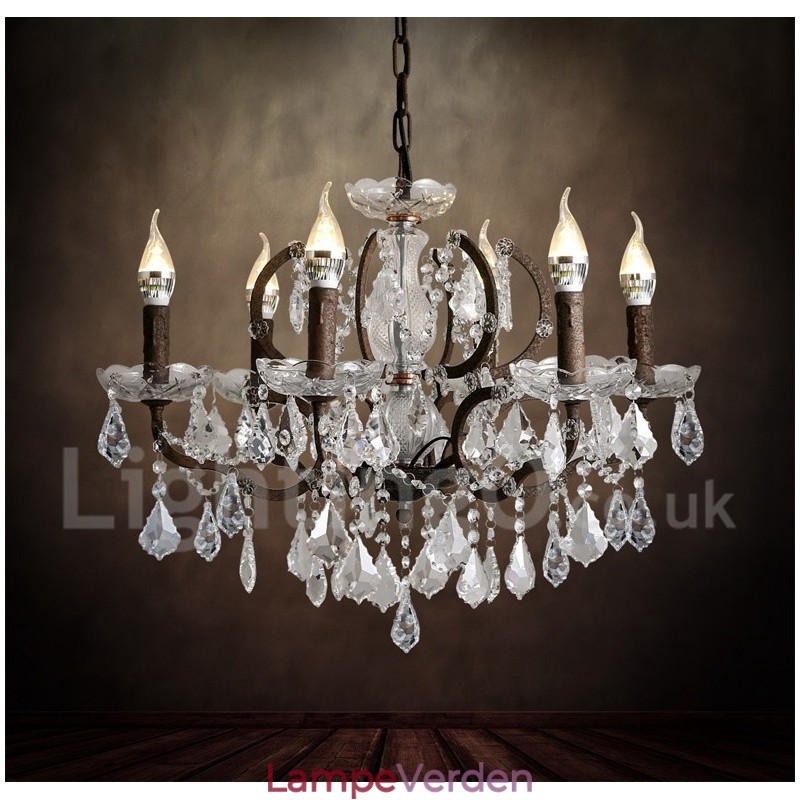 6 lys diameter 60 cm vintage krystal maleri metal lysekrone rusten jern farve pendel lys